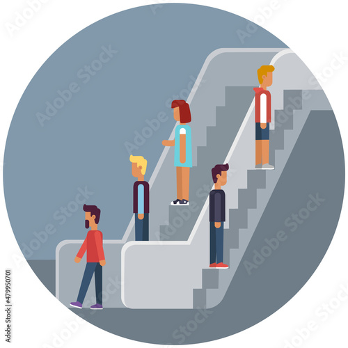 Architecture stair, lift and elevator. Escalator, mobile ladder for transporting passengers icon. Hoisting-and-transport vehicle with stairs and handrails. People move on automatic escalator