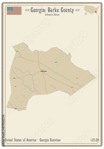 Map on an old playing card of Burke county in Georgia, USA.