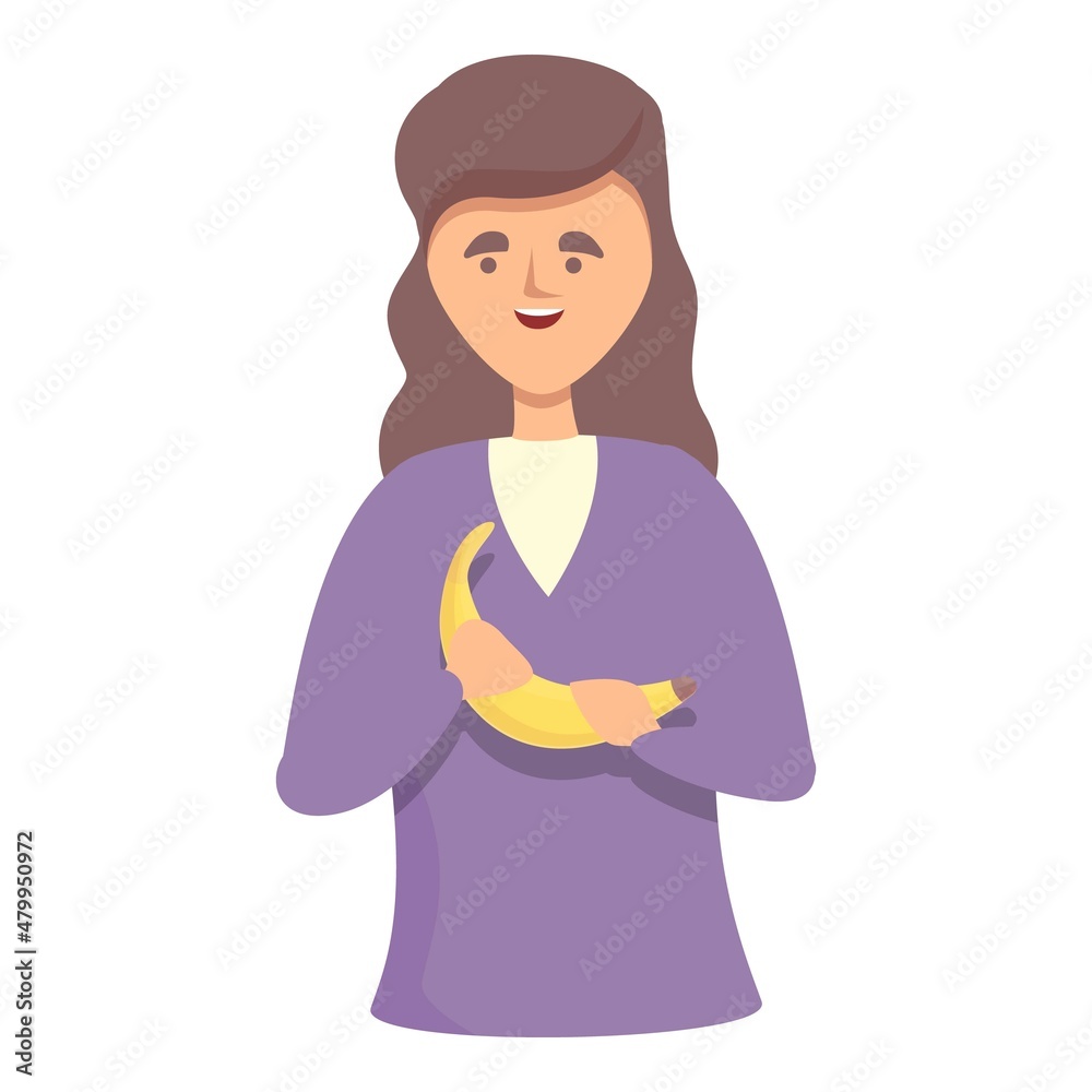 Woman with banana icon cartoon vector. Healthy girl. Fruit food Woman with banana icon cartoon vector. Healthy girl. Fruit food