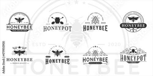 set of honey bee logo vintage vector logo illustration template icon graphic design. bundle collection of various honey and bee icon with typography style photo