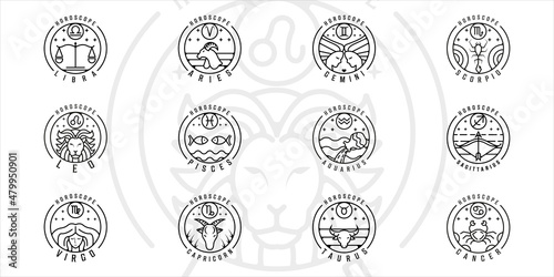 set of zodiac or horoscope logo line art vector illustration template icon graphic design. bundle collection of various circle badge of astrology with typography