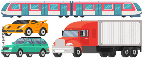 Various types of freight, passenger and public transport. Set of automobiles for different purposes. Sports and passenger car, wagon, train. Ground and underground vehicles vector illustration