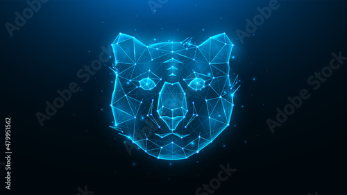 Polygonal vector illustration of a tiger head on a blue background. Wild cat concept in geometric style. Symbol of 2022.