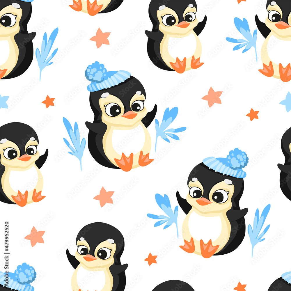 Obraz premium Seamless pattern in cartoon style, children's theme with fun and attractive penguin. Vector illustration