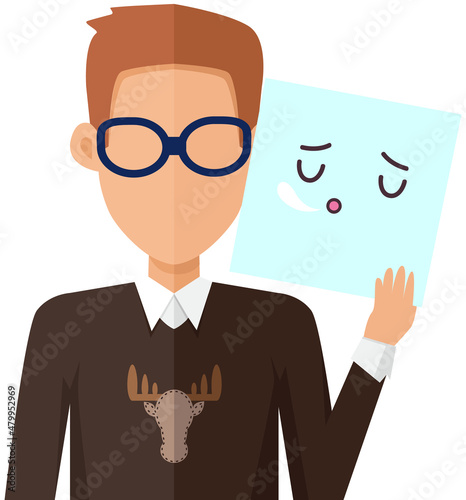 Man holding picture of cute kawaii sleeping face. Manga style eyes and mouths. Funny japanese facial expression. Eastern kawaii anime culture elements. Male character shows emotion of wanting to sleep