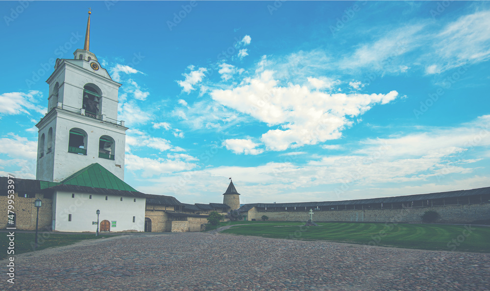 Unique architectural monument is the Pskov Kremlin, the oldest fortress in Russia in the city of Pskov. View of popular tourist attraction ancient temple complex.
