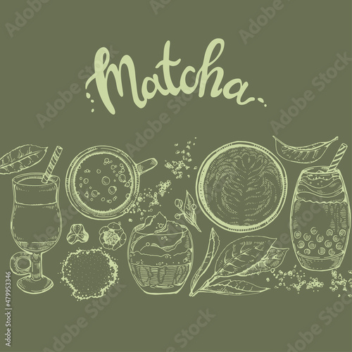 Hand-drawn sketch matcha drinks and desserts.