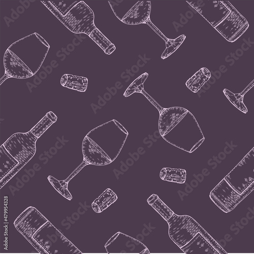 Seamless pattern with wine glasses and bottles.