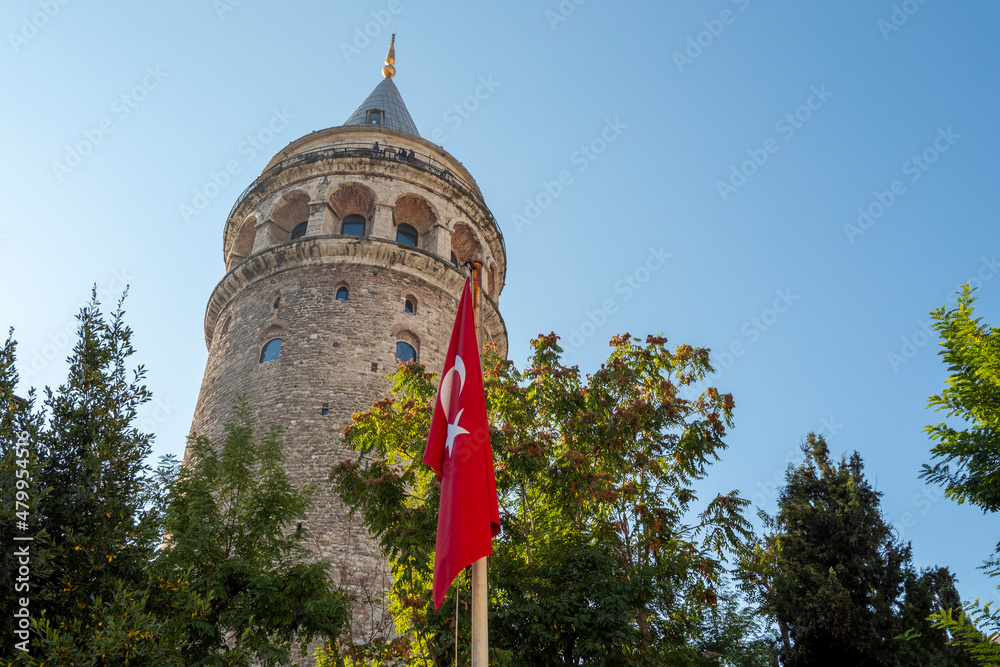 Panoramic view of Galata tower during sunset against blue sky in Istanbul, space for text