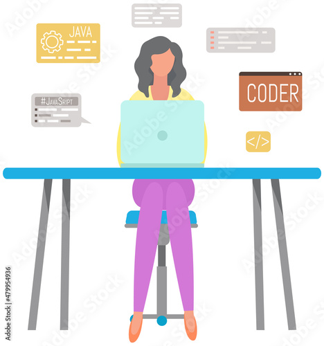 Woman working with laptop and computer at desk. Software developer programmer or system administrator with PC. Technical specialist at workplace. Young girl coder sitting at table typing java language