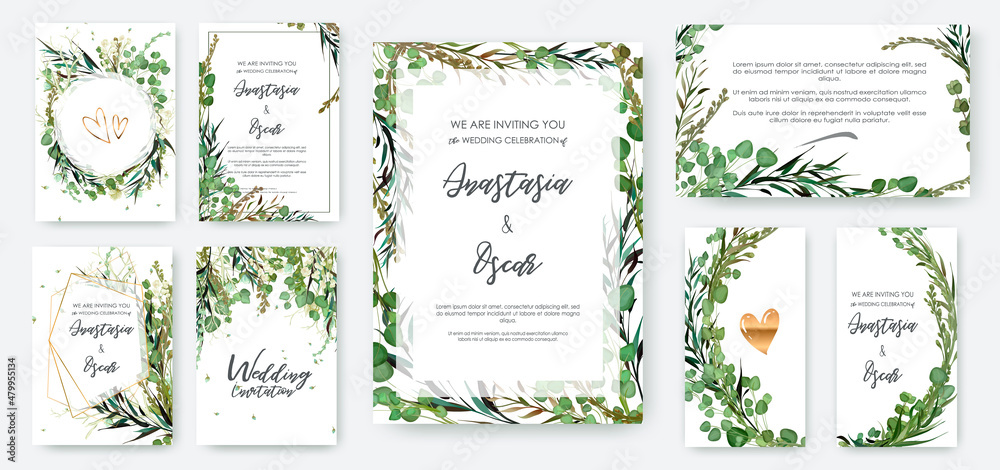 Wedding invitation frame set; flowers, leaves, watercolor, isolated on white. Sketched wreath, floral and herbs garland with green, greenery color. Handdrawn Vector Watercolour style, nature art.  - obrazy, fototapety, plakaty 