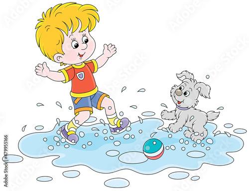 Happy little boy and his cute merry pup playing and jumping in a big puddle on a warm summer day after rain, vector cartoon illustration isolated on a white background