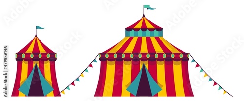 Canvas Circus tents. Red stripes carnival marquee with flags