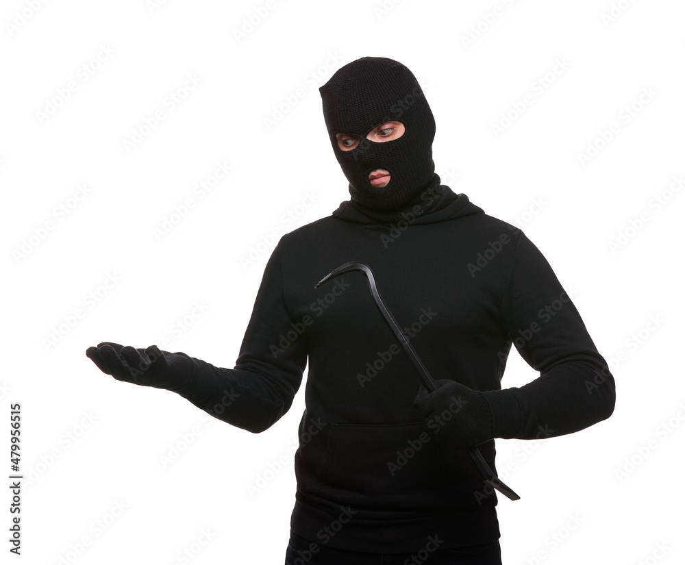 Thief in mask with crowbar on white background Thief in mask with crowbar on white background