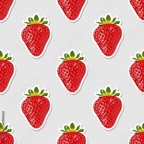 Fresh strawberries. Stickers with ripe red strawberries on a gray background. Seamless vector background. Strawberry red texture.