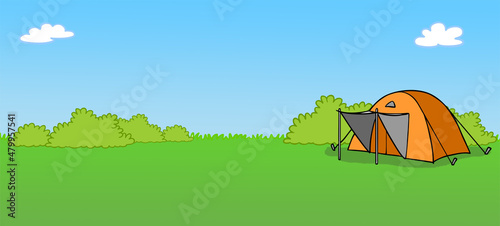 Cartoon Kuppelzelt auf Wiese vom Campingplatz