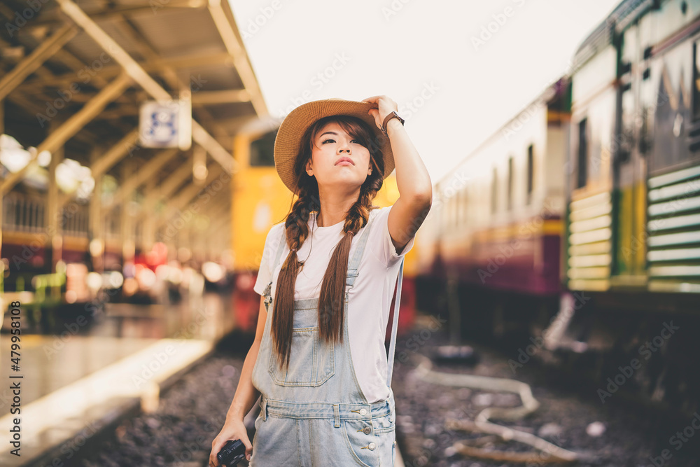 asian woman traveler tourists travel city street, journey backpack adventure outdoor by train