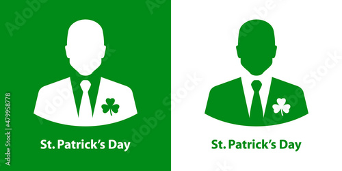 Logotipo texto St. Patrick's Day con silueta de trebol en solapa de chaqueta de caballero en fondo verde y fondo blanco