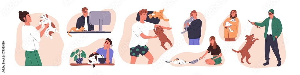 Happy people with dogs and cats. Pet owners set. Life of men and women with home animals, cute doggies and kitties, walking and playing. Flat graphic vector illustrations isolated on white background Happy people with dogs and cats. Pet owners set. Life of men and women with home animals, cute doggies and kitties, walking and playing. Flat graphic vector illustrations isolated on white background