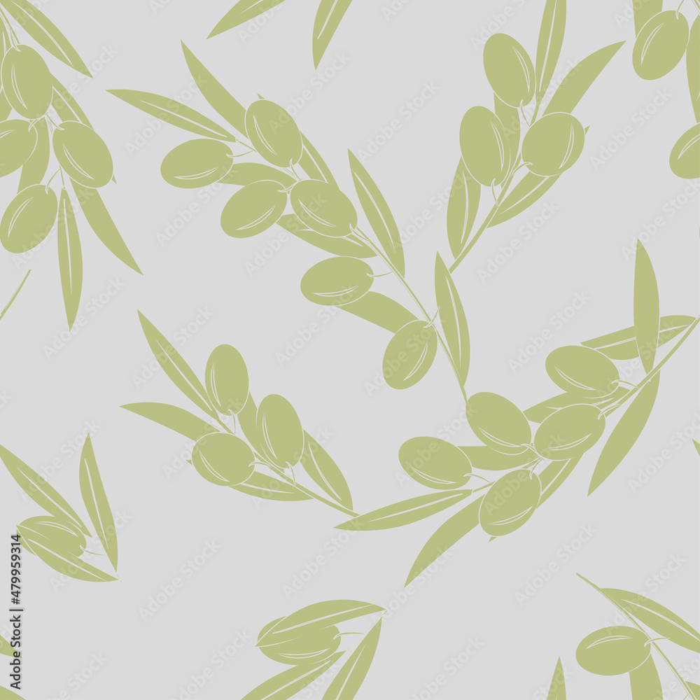 Olive tree branches with olives, monochrome drawing, outline white ink. Vector seamless illustration in trendy gold end grey colors for design, farmers market decoration, food labels, banners, sticker
