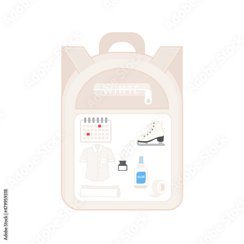 A game for children. Study of colors. School supplies. Put it in your backpack. White. Back to school topic. Vector illustration. Printing sheet for games with stickers or Velcro