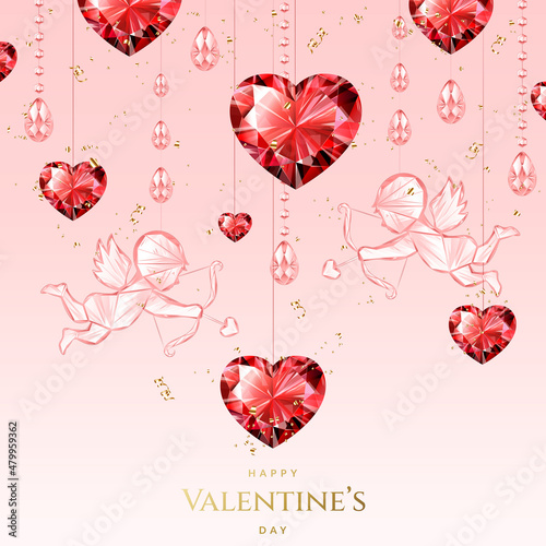 Romantic Valentine's Day background with red diamonds of hearts, crystal Cupid and golden confetti.