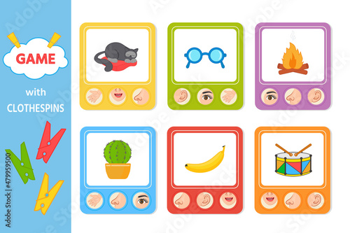 Educational game for children with clothespins. Five senses matching game for kids. Sight, touch, hearing, smell and taste. Vector illustration