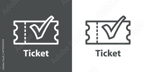 Logo compra entrada online. Icono ticket como casilla de verificación con checkmark con líneas en fondo gris y fondo blanco