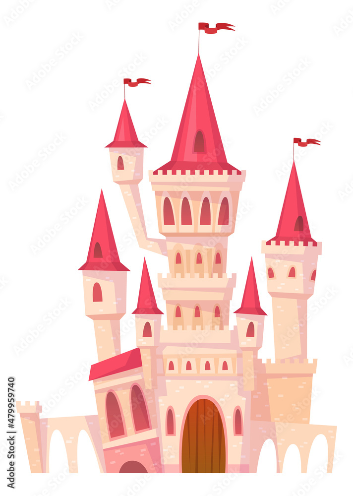 High tower castle. Fairytale building in cartoon style