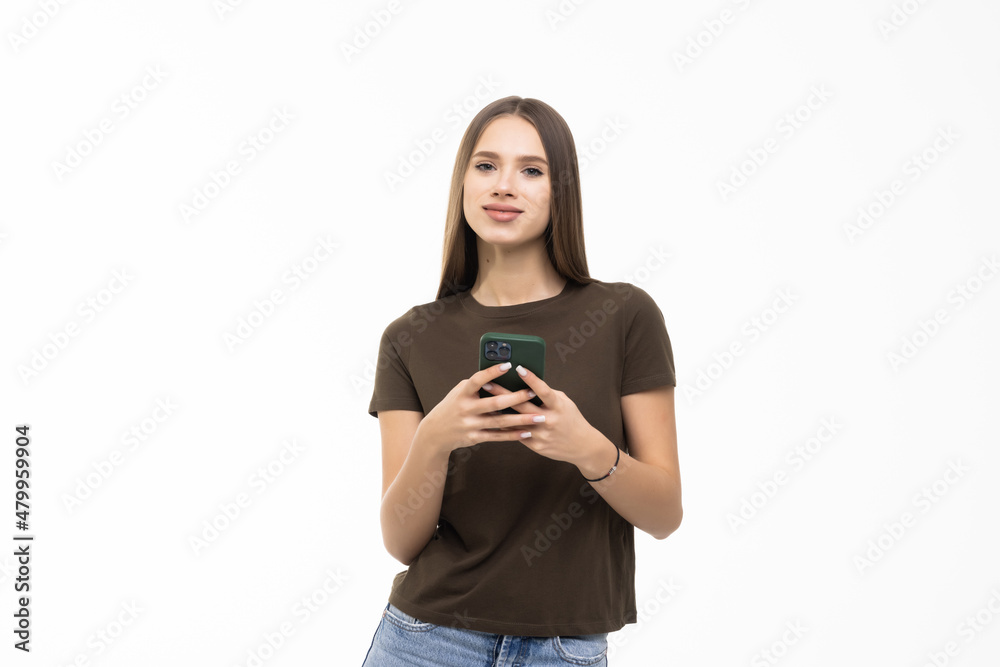 Beautiful woman use of cellphone on white background Beautiful woman use of cellphone on white background