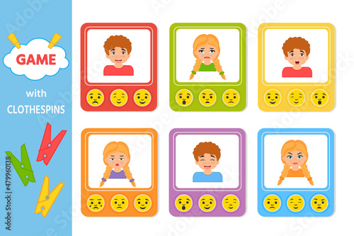 Educational game for kids with clothespins. Match theemotions and face. Vector illustration. Activity for presсhool years kids and toddlers. Printable worksheet