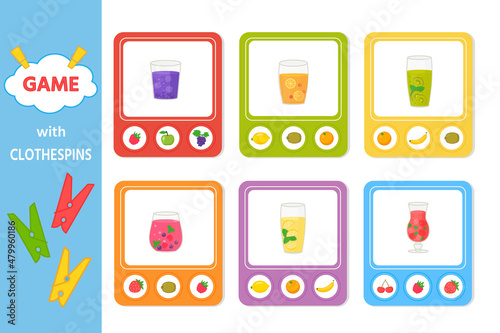 Educational game for kids with clothespins. Match the fruits and juice. Vector illustration. Activity for presсhool years kids and toddlers. Printable worksheet