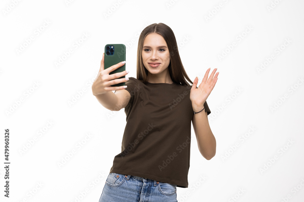 Happy young woman blogger influencer holding modern smart phone wave hand hello. Happy young woman blogger influencer holding modern smart phone wave hand hello.