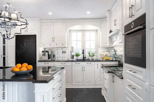 Konstfotografi Beautiful, white, wooden kitchen with large island