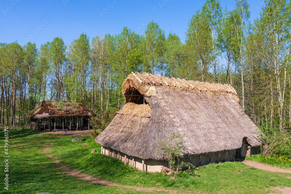 Longhouse and hut on a meadow in a beautiful landscape at springtime