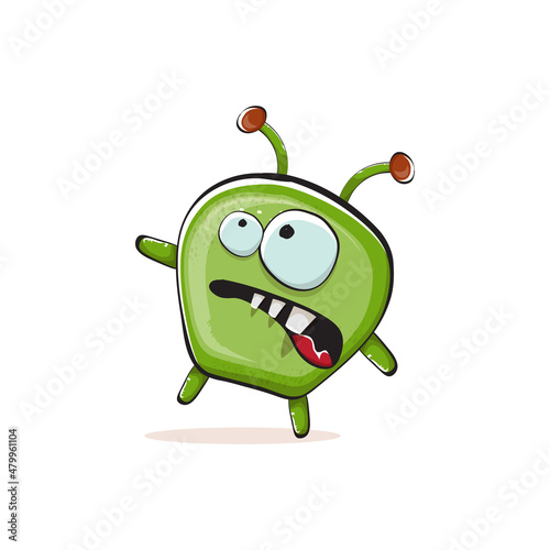 Vector cartoon funny green alien monster isolated on white background. Smiling silly green monster print sticker design template. Cute Ghost, troll, gremlin, goblin, devil and monster
