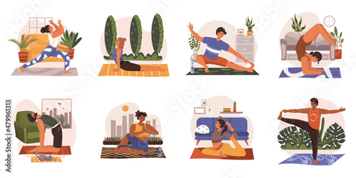 Yoga class or exercising at home web concept in flat design. Men and women practicing asanas, doing workout, training stretching skill. Healthy lifestyle modern people scene. Vector illustration.