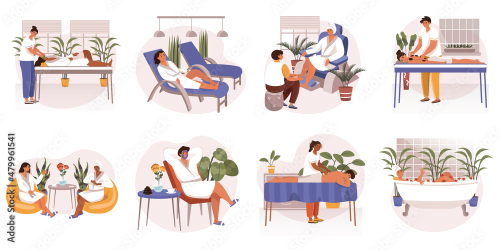 Spa salon web concept in flat design. Clients resting and receive massage, facial masks, body and face skin care, aromatherapy procedure and drinking tea, modern people scene. Vector illustration. Spa salon web concept in flat design. Clients resting and receive massage, facial masks, body and face skin care, aromatherapy procedure and drinking tea, modern people scene. Vector illustration.