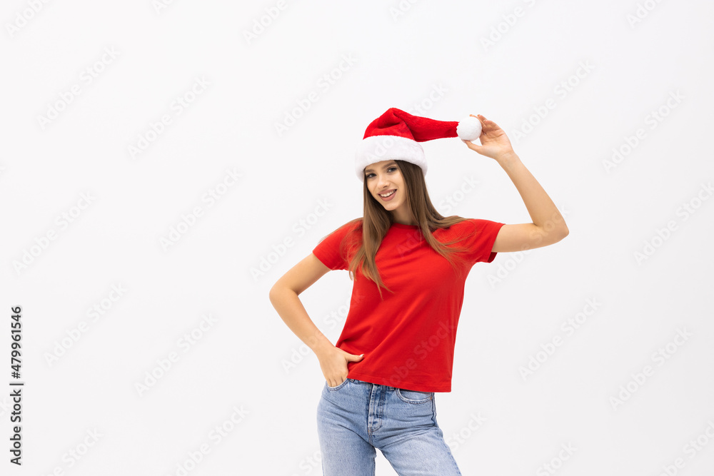 Christmas woman in Santa hat portrait on white background. Christmas woman in Santa hat portrait on white background.