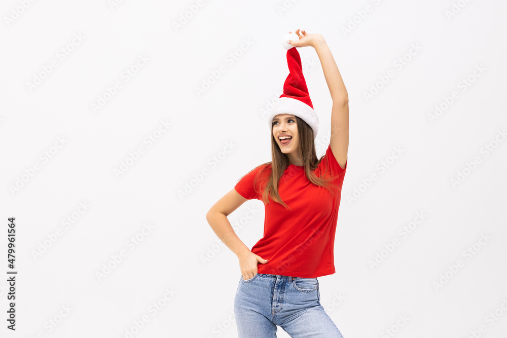 Christmas woman in Santa hat portrait on white background. Christmas woman in Santa hat portrait on white background.