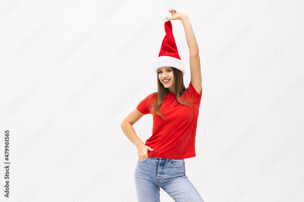 Christmas woman in Santa hat portrait on white background. Christmas woman in Santa hat portrait on white background.