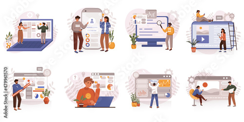 UI and UX designers web concept in flat design. Men and women working at project, create website or application layout, programming and prototyping at studio, modern people scene. Vector illustration.