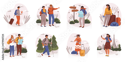 People travelling web concept in flat design. Men and women with luggage and backpacks go on vacation, choose route, hiking with map outdoor, trip to another country modern scene. Vector illustration.
