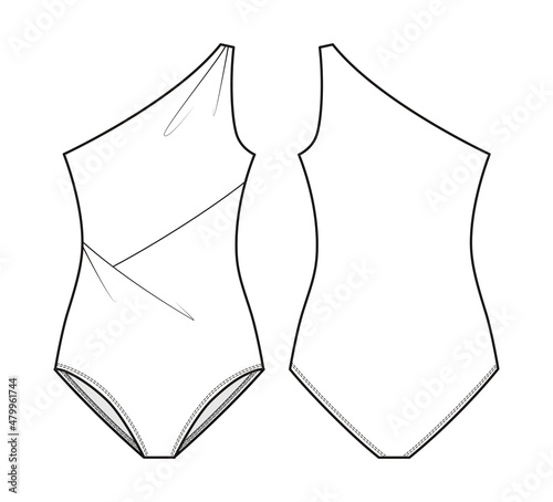 Fashion technical drawing of one shoulder swimsuit
