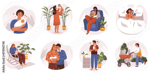 Families with newborns web concept in flat design. Young mothers and fathers holding and hugging babies, take care of children, happy parents feeling love to kids, modern scene. Vector illustration.