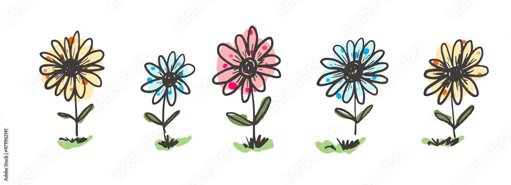 Cute sketch hand drawn color pencil yellow, blue and pink little flowers  illustration. Bright cartoon childish funny flower set for kids print  design, textile decoration, greeting cards, patterns Stock Vector | Adobe