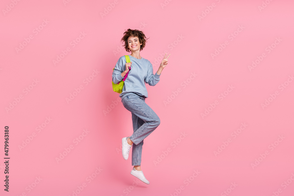 Full size photo of hooray millennial lady show v-sign jump wear pullover jeans shoes bag isolated on pink background