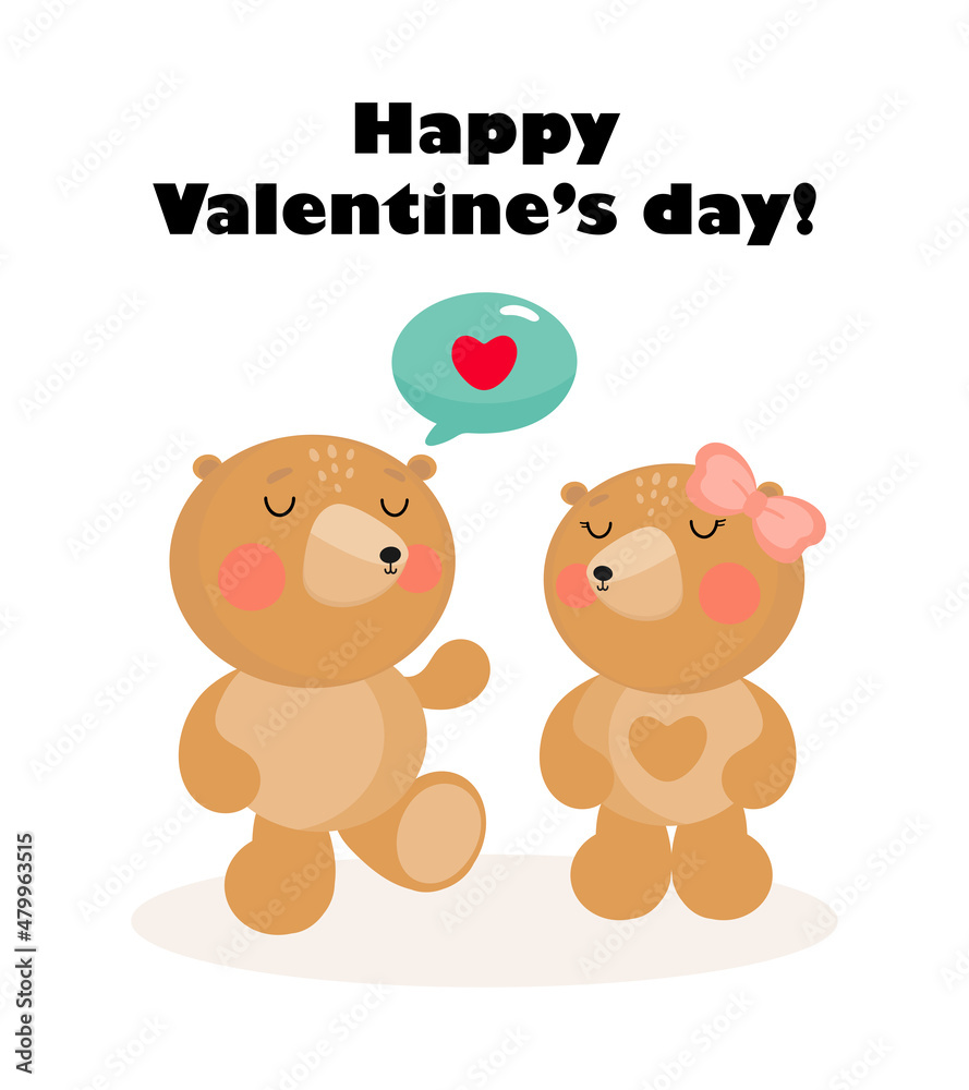 Valentine's day card. Funny Teddy Bears in love with the inscription: Happy Valentine's Day. Vector illustration in cartoon style. Valentine's day card. Funny Teddy Bears in love with the inscription: Happy Valentine's Day. Vector illustration in cartoon style.