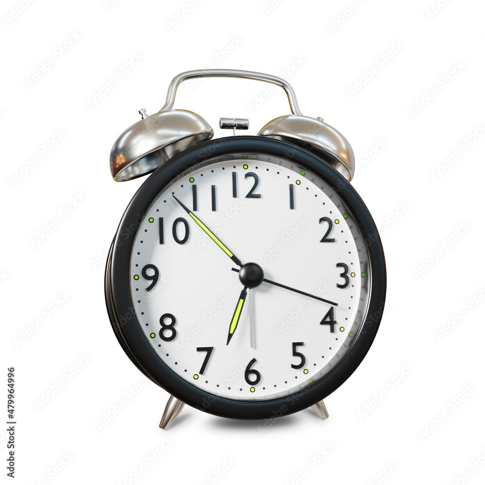 Closeup retro white alarm clock isolated on white background with clipping path, 3D rendering illustration Closeup retro white alarm clock isolated on white background with clipping path, 3D rendering illustration