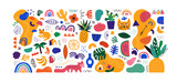 Set of colorful trendy shapes in childish hand drawn style. Modern flat drawing cartoon collection. Summer jungle decoration and exotic tropical animals on isolated white background.